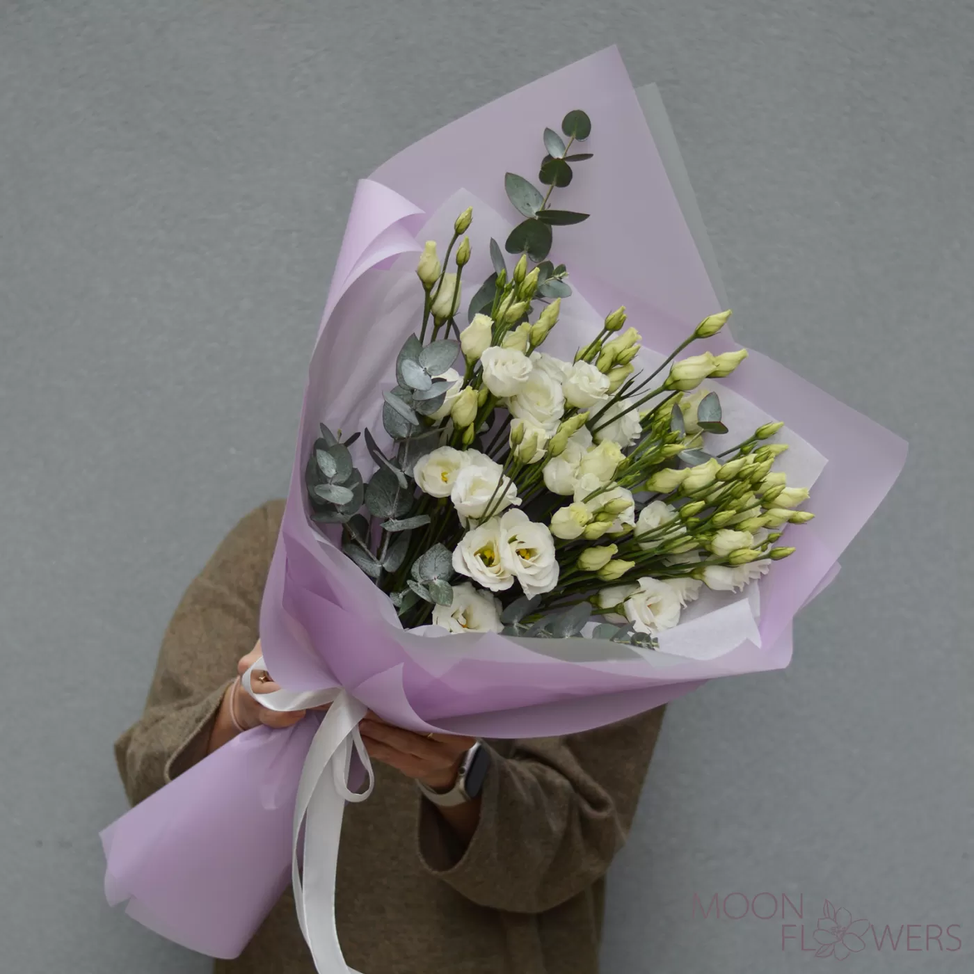 Bouquet of white eustoma and eucalyptus