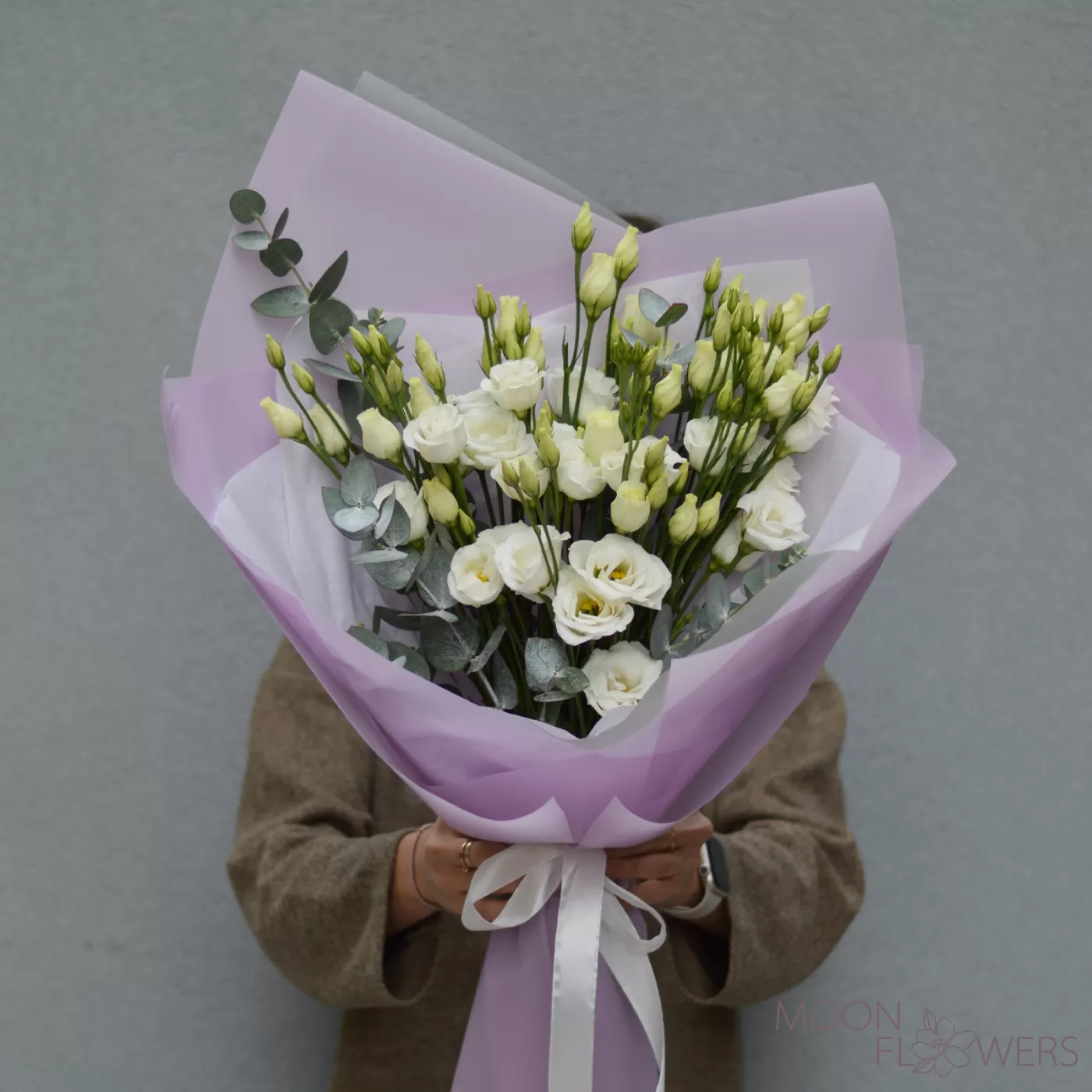 Bouquet of white eustoma and eucalyptus