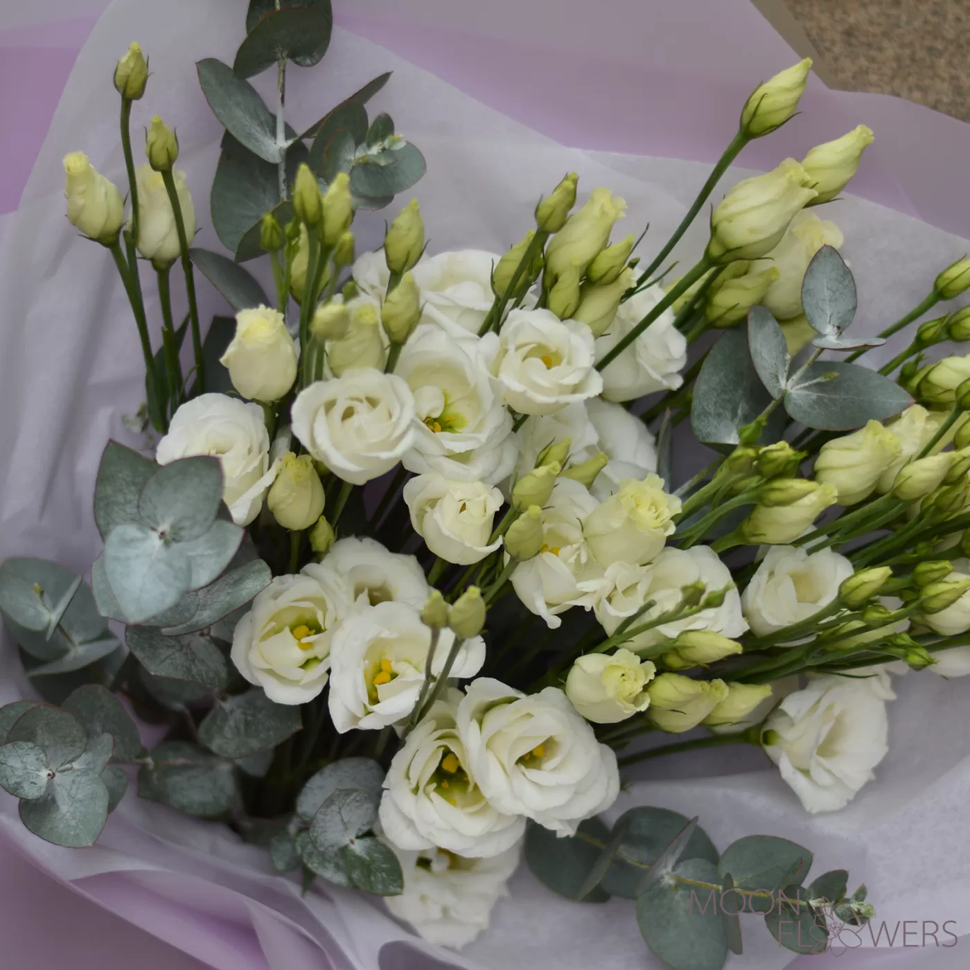 Bouquet of white eustoma and eucalyptus