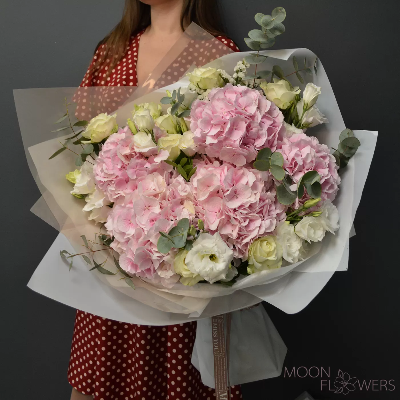 Bouquet of 5 pink hydrangeas, eustoma and roses