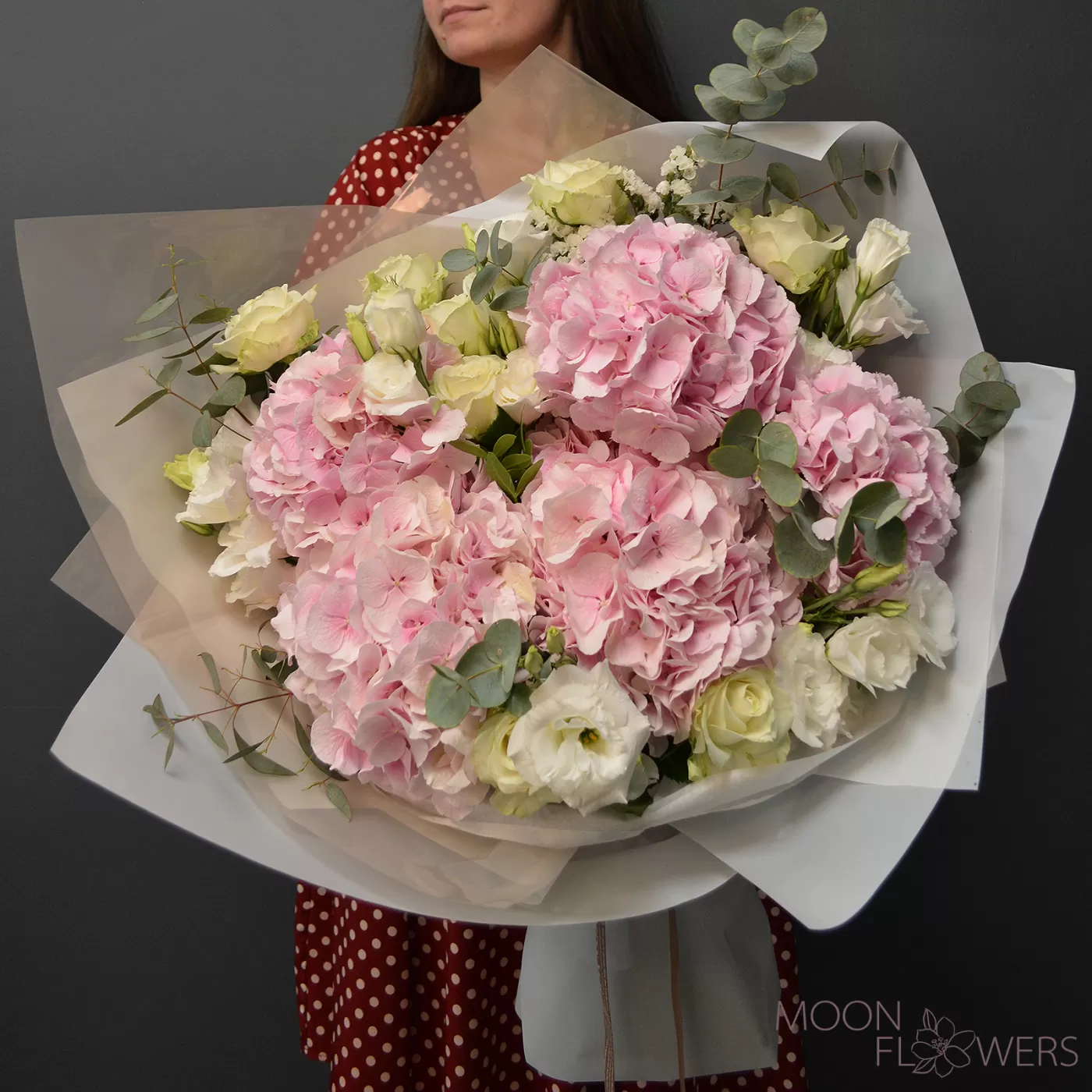 Bouquet of 5 pink hydrangeas, eustoma and roses