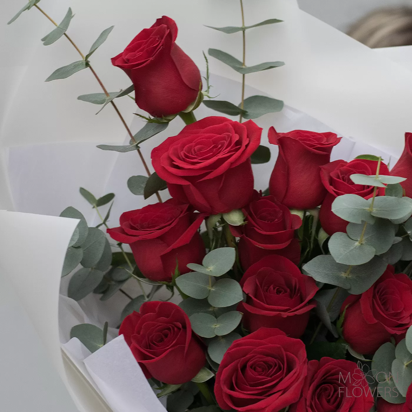 Buchet din 17 trandafiri roșii roșii și eucalipt