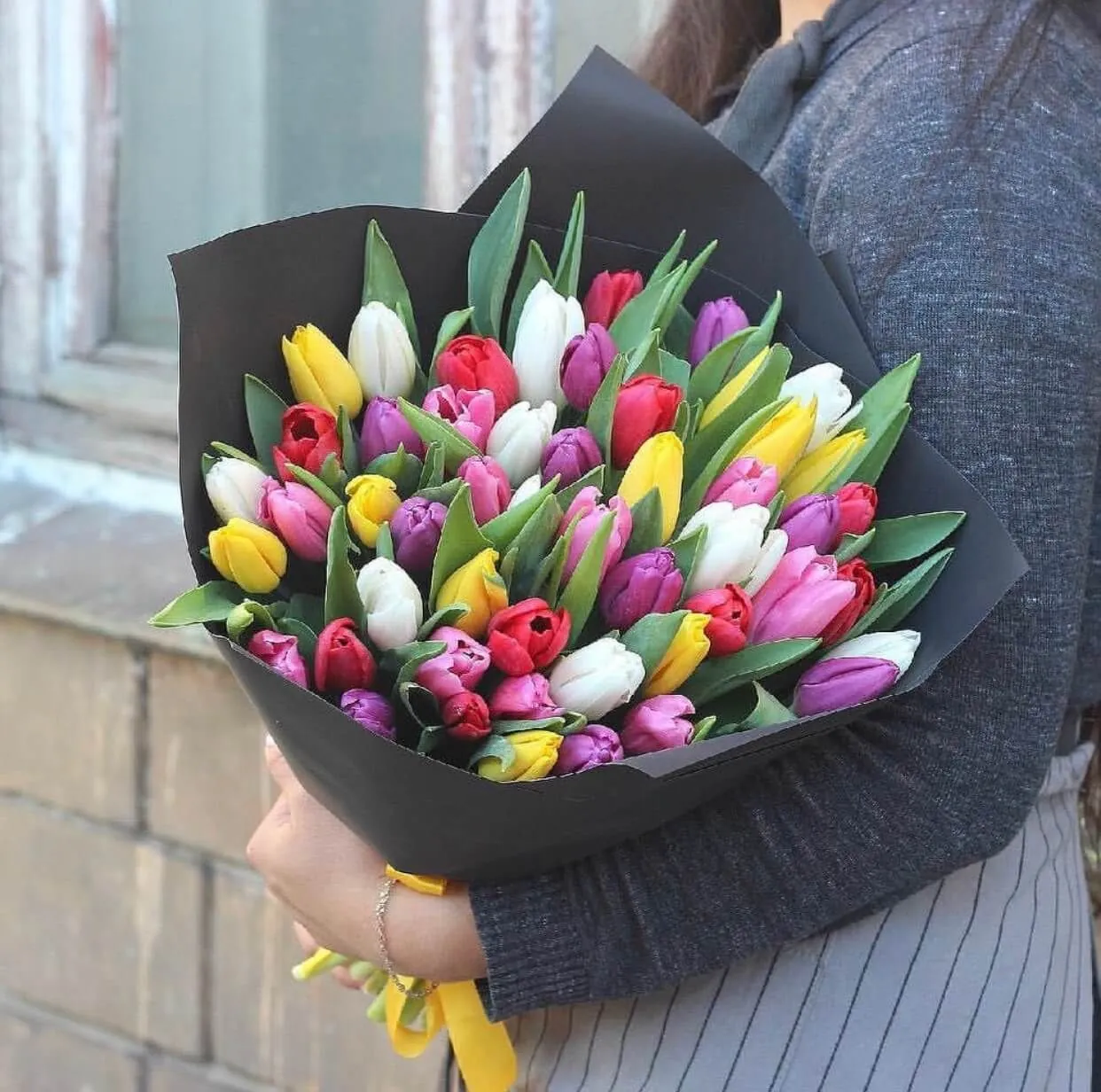 Bouquet of multicolored tulips