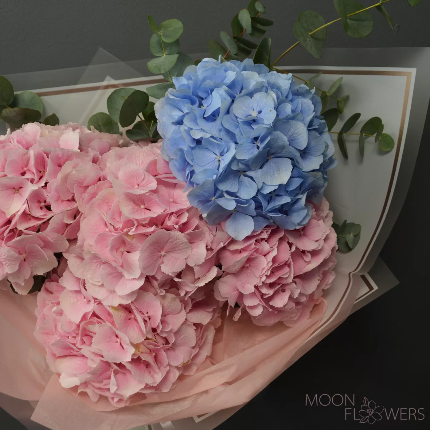 Bouquet of pink and blue hydrangeas