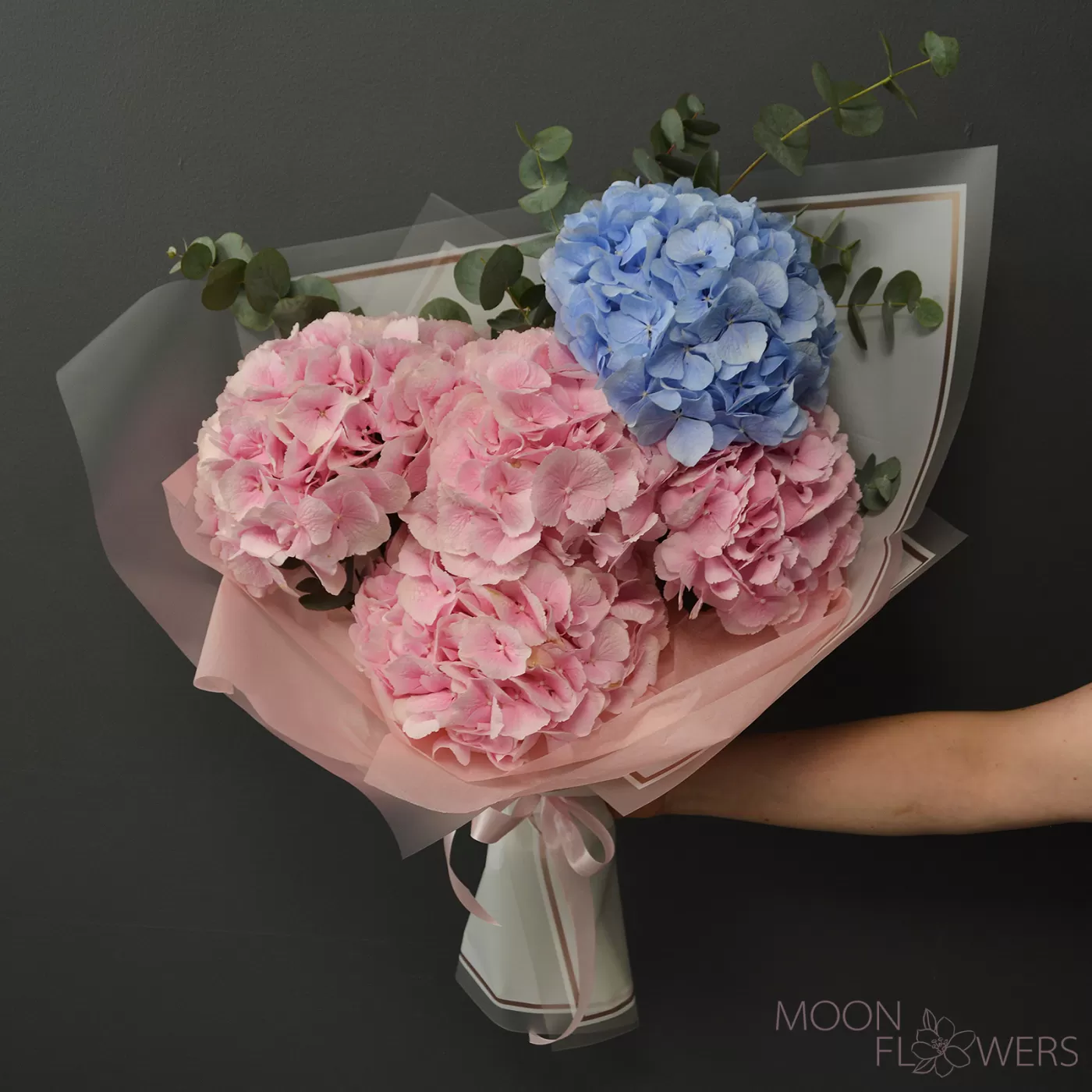 Bouquet of pink and blue hydrangeas