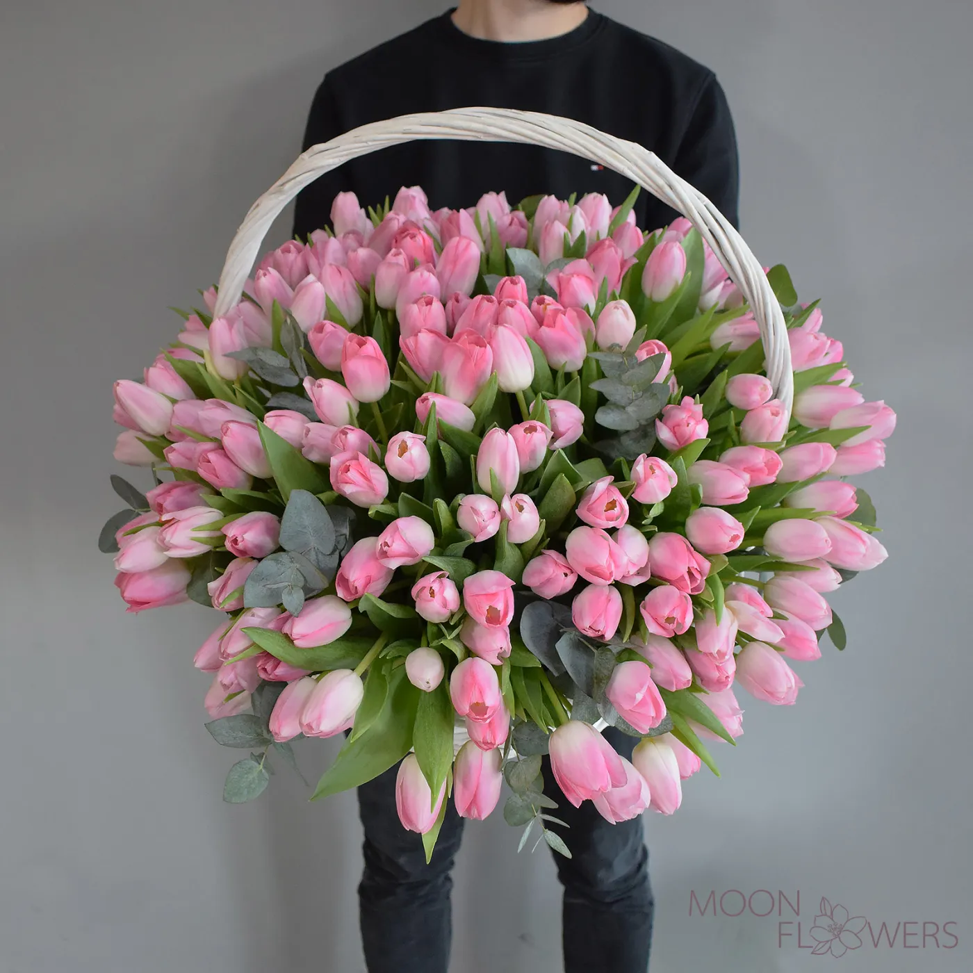 Basket of 201 Pink Tulips and Eucalyptus