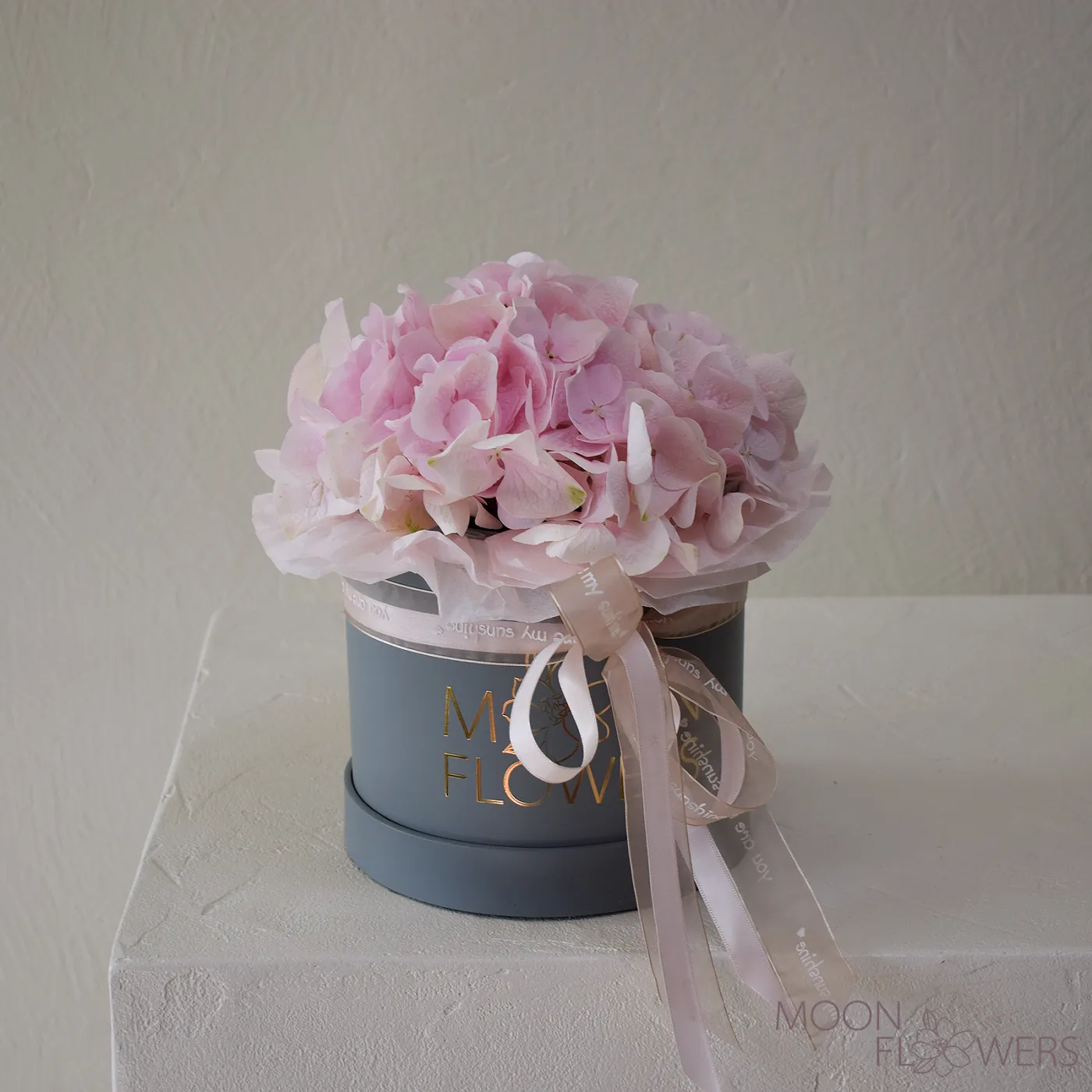 Pink hydrangea in a grey box