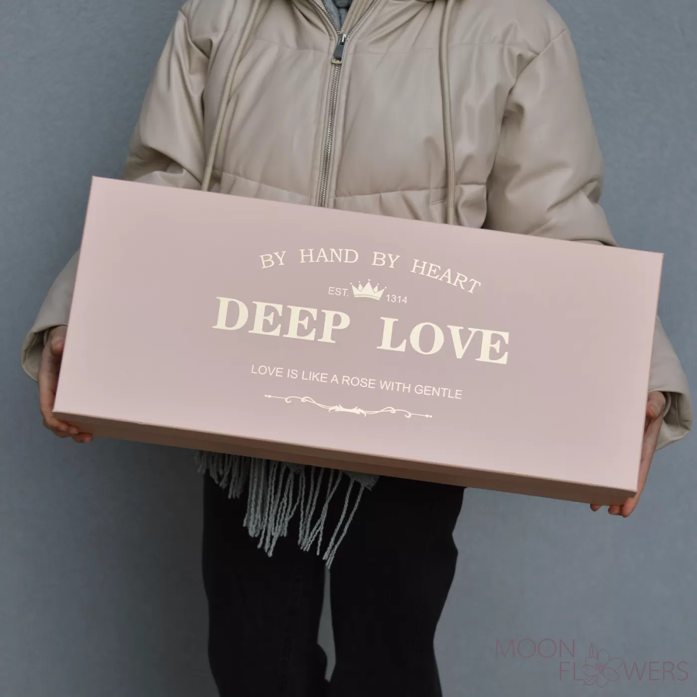 Pink box "I Love You" with white roses
