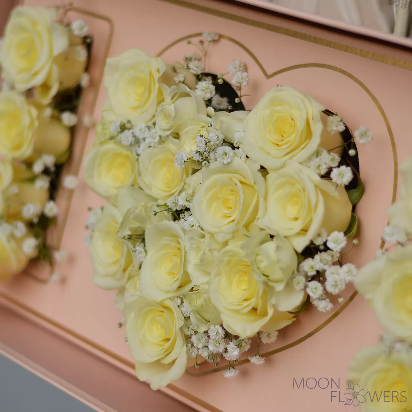 Pink box "I Love You" with white roses