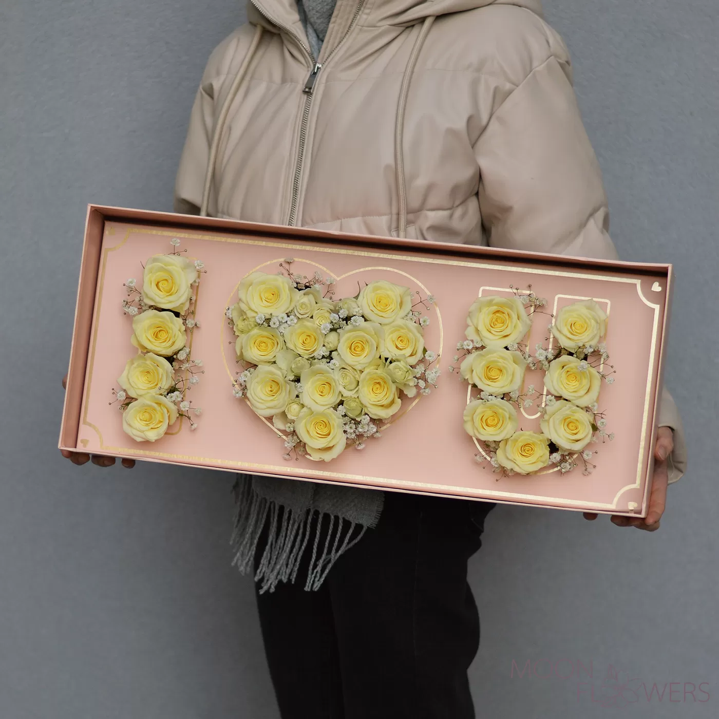 Pink box "I Love You" with white roses