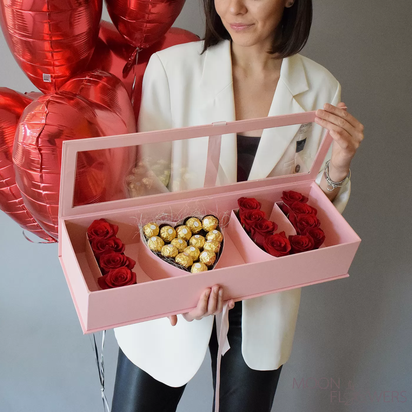 Pink box I LOVE YOU with red roses and Ferrero Rocher + 5 red foil heart balloons